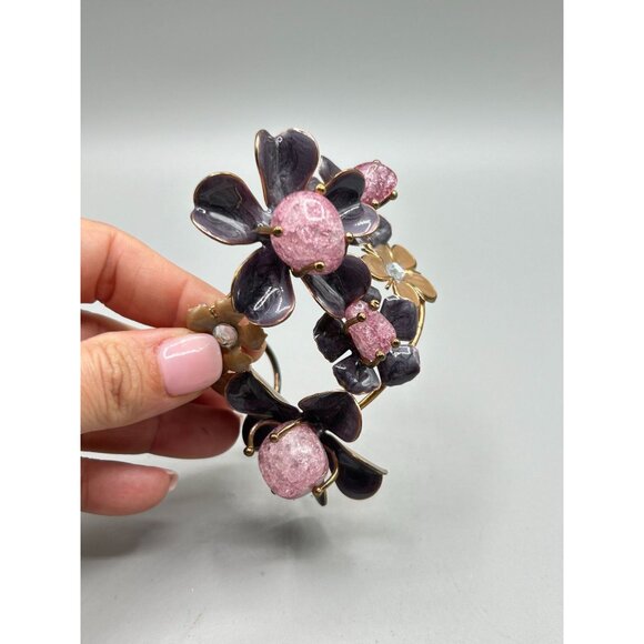 Floral Cuff Bracelet Crackled Glass Rhinestones & Enamels Statement Bracelet - Picture 6 of 12